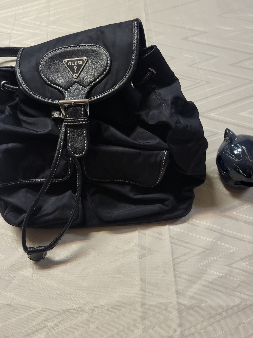 GUESS Black Nylon Backpack with Contrast Stitching and Leather Accents
